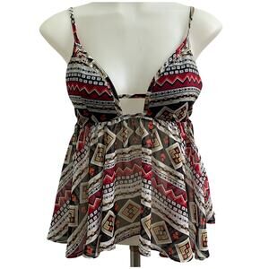 Millau Womens Small Y2K Cami V Neck Tribal Print Red Pink Black Cutout 90s Indie